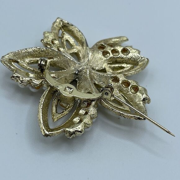 Vintage Gold Tone Faux Pear Rhinestone Flower Brooch Pin Statement Classic - Picture 4 of 5